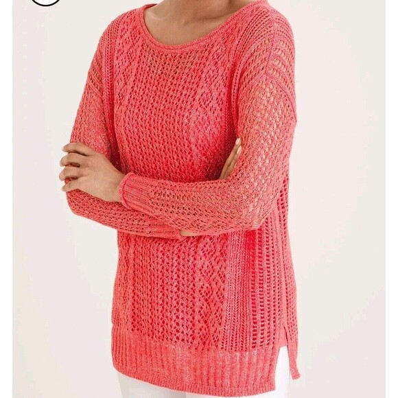 Chico’s Open Stitch Pullover Coral Pink Sweater Size SP Long Sleeve Lightweight - Picture 1 of 11